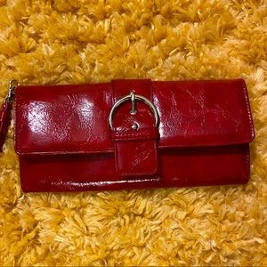 Red faux leather clutch wristlet